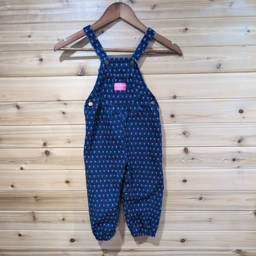 Vintage OshKosh B'gosh Vestbak Overalls 4T Blue Pink Floral Tulip Heart USA